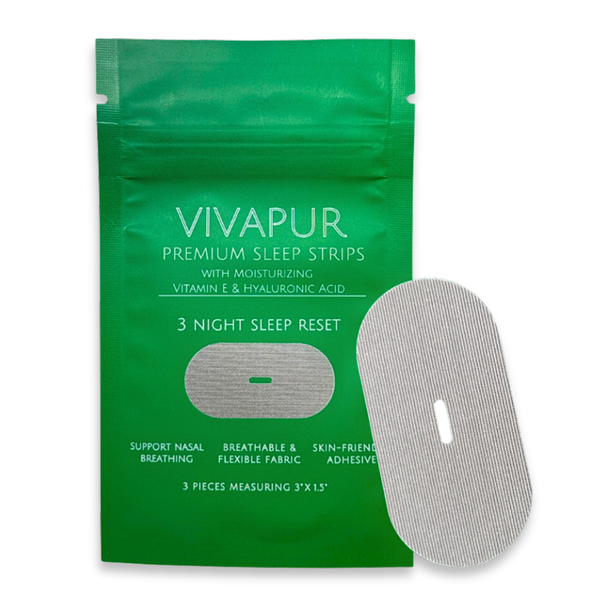 Vivapur 3-Night Trial Pack: a small green pouch of three sleep strips infused with Vitamin E and Hyaluronic Acid, shown with one strip