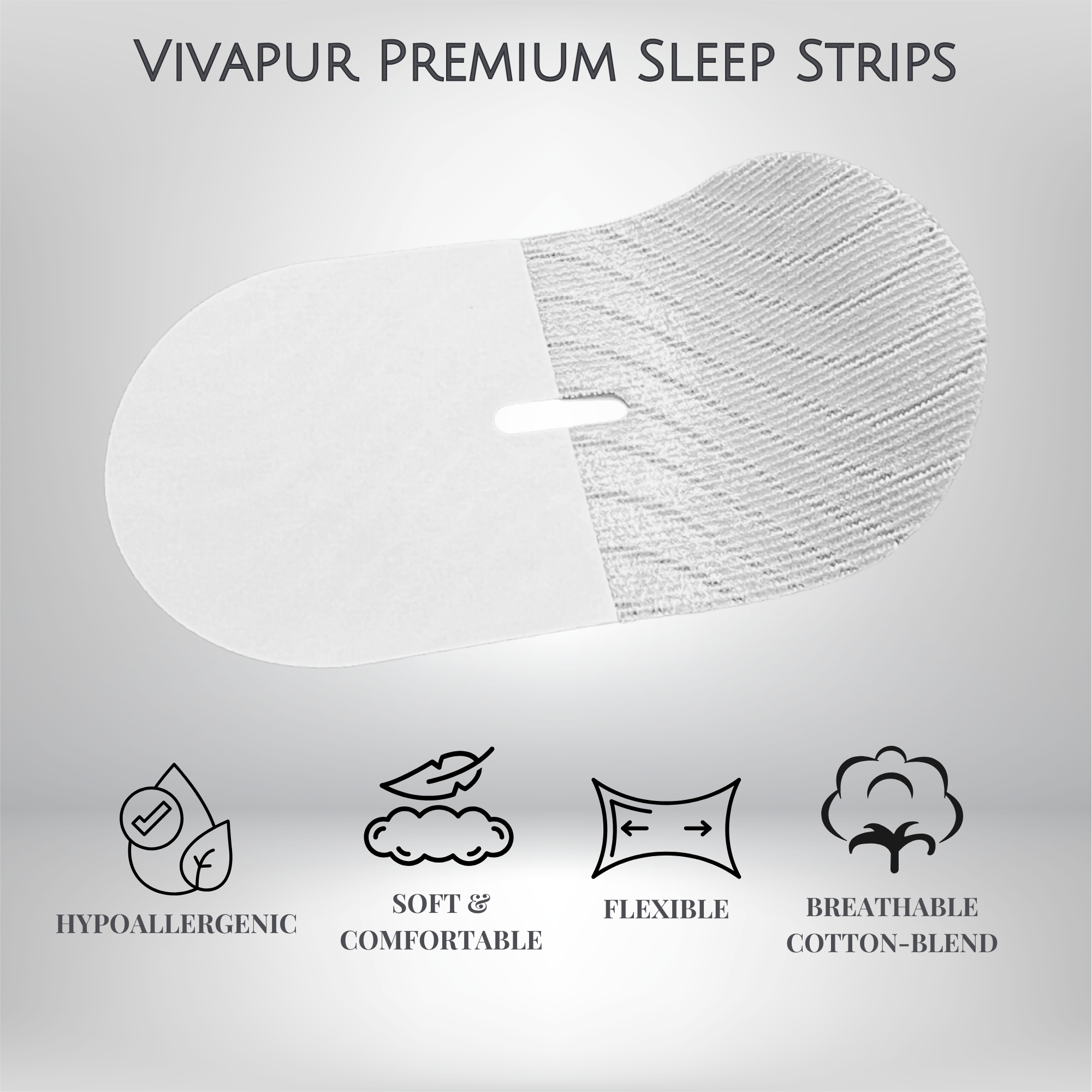 Close-up of Vivapur Premium Sleep Strip featuring a breathable, flexible cotton-blend fabric. Hypoallergenic and soft for a comfortable fit, designed to support nasal breathing and improve sleep quality