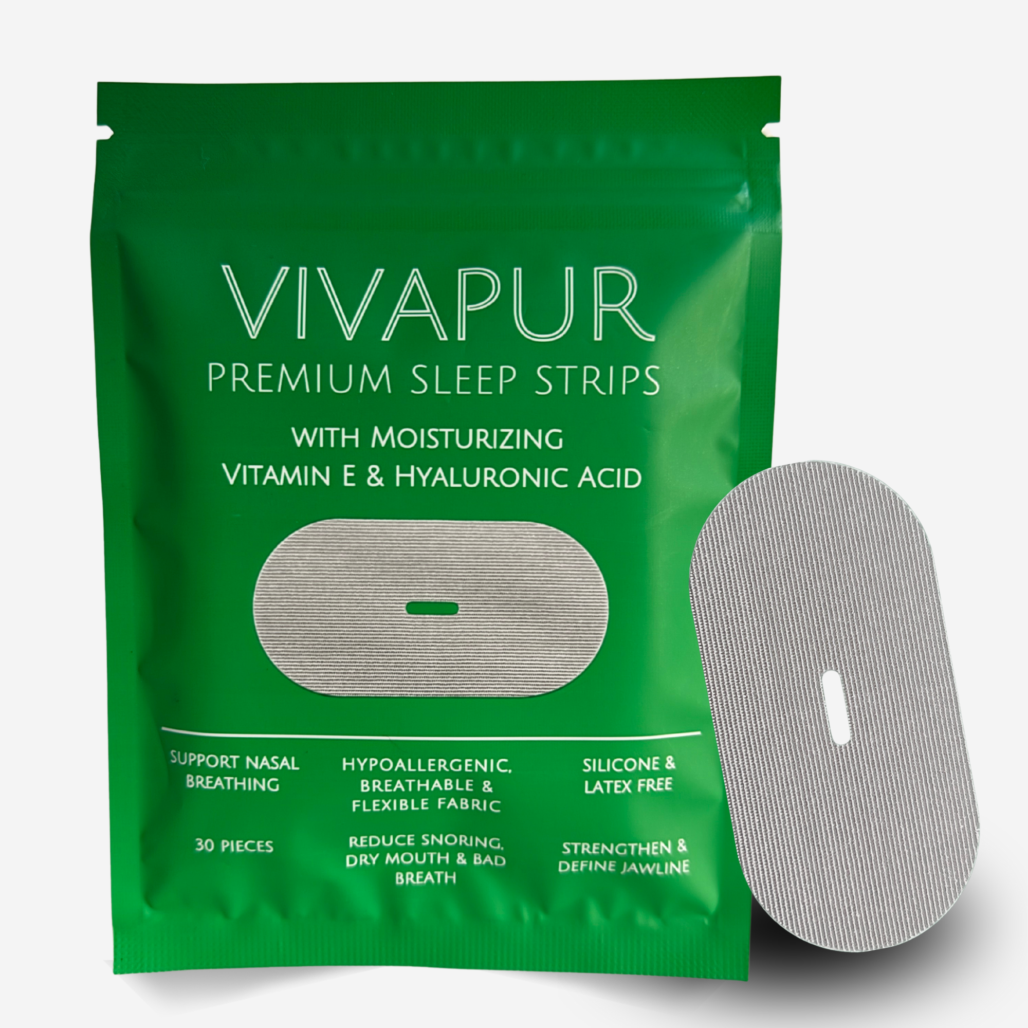 Vivapur Premium Sleep Strips – Hypoallergenic mouth tape with Vitamin E and Hyaluronic Acid for nasal breathing support, reducing snoring, and improving sleep quality. Silicone & latex-free, breathable, and flexible for all-night comfort.