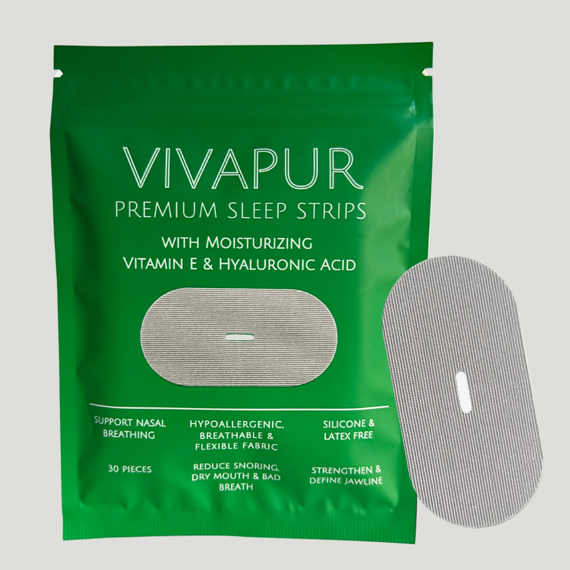 Vivapur Premium Sleep Strips – Hypoallergenic mouth tape with Vitamin E and Hyaluronic Acid for nasal breathing support, reducing snoring, and improving sleep quality. Silicone & latex-free, breathable, and flexible for all-night comfort.
