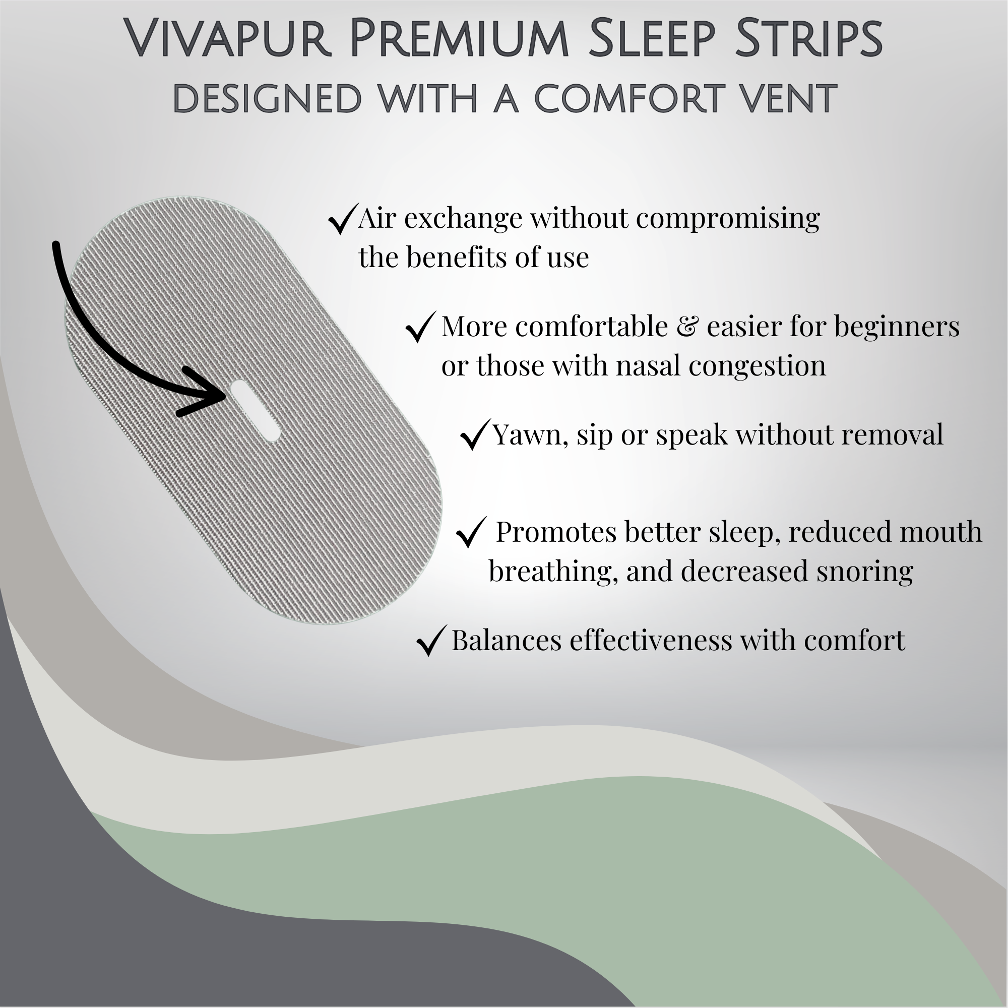 Vivapur Premium Sleep Strips with comfort vent for improved airflow. Ideal for beginners, individuals with nasal congestion, or snorers. Designed for better sleep, reduced mouth breathing, and balanced effectiveness with comfort.
