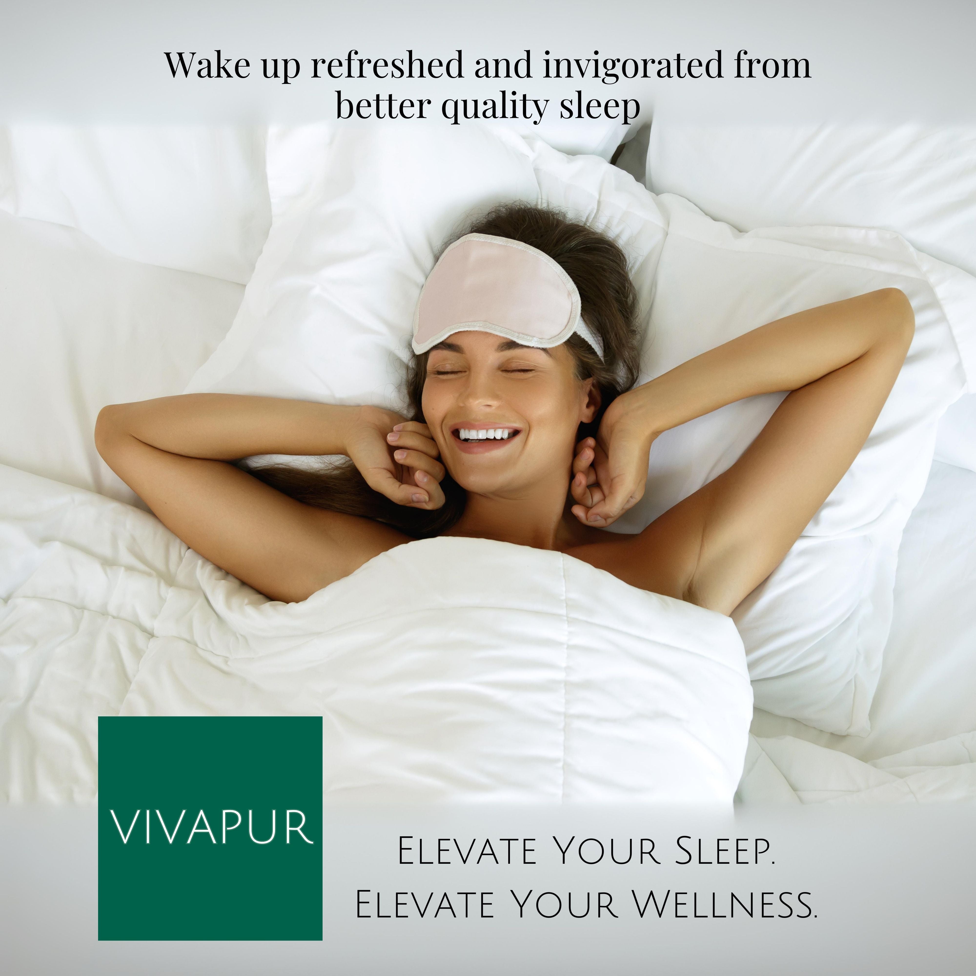 Person waking up refreshed with a sleep mask on. Text overlay reads: Wake up refreshed and invigorated from better quality sleep.' Promotes Vivapur's wellness-oriented sleep solutions with tagline 'Elevate Your Sleep. Elevate Your Wellness.