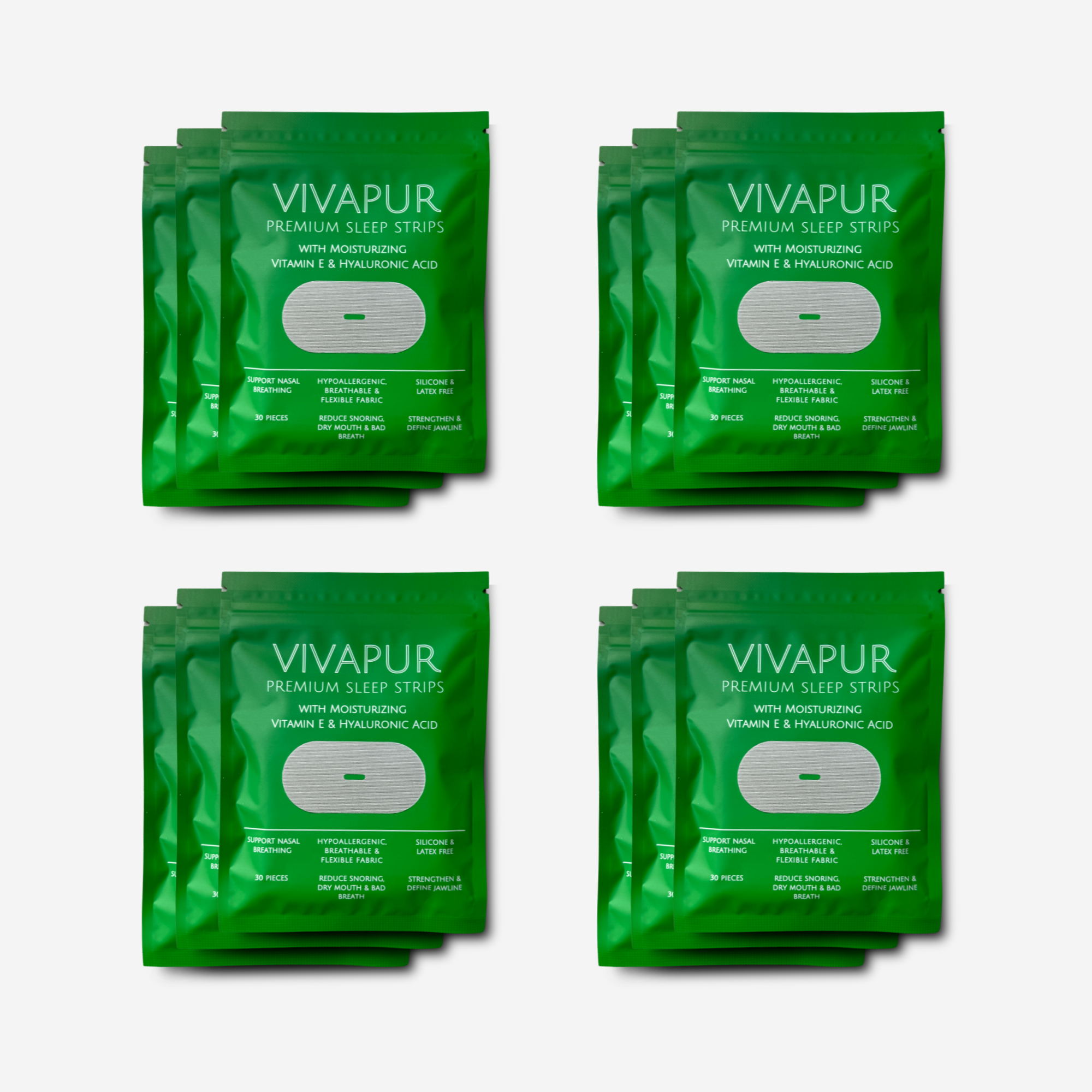 Twelve green packets of VIVAPUR Premium Sleep Strips, labeled with moisturizing Vitamin E and Hyaluronic Acid. The packaging highlights benefits such as support for nasal breathing, reduced snoring, and jawline definition. Each pack contains 30 hypoallergenic, breathable, and latex-free mouth strips.