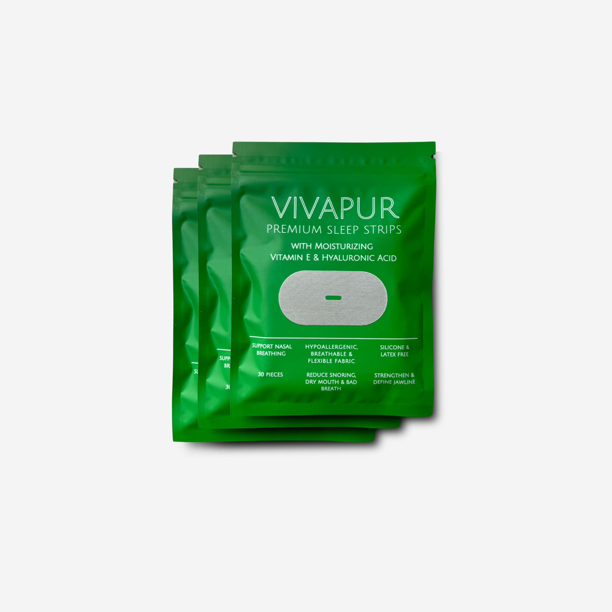 Three green packets of VIVAPUR Premium Sleep Strips, labeled with moisturizing Vitamin E and Hyaluronic Acid. The packaging highlights benefits such as support for nasal breathing, reduced snoring, and jawline definition. Each pack contains 30 hypoallergenic, breathable, and latex-free mouth strips.