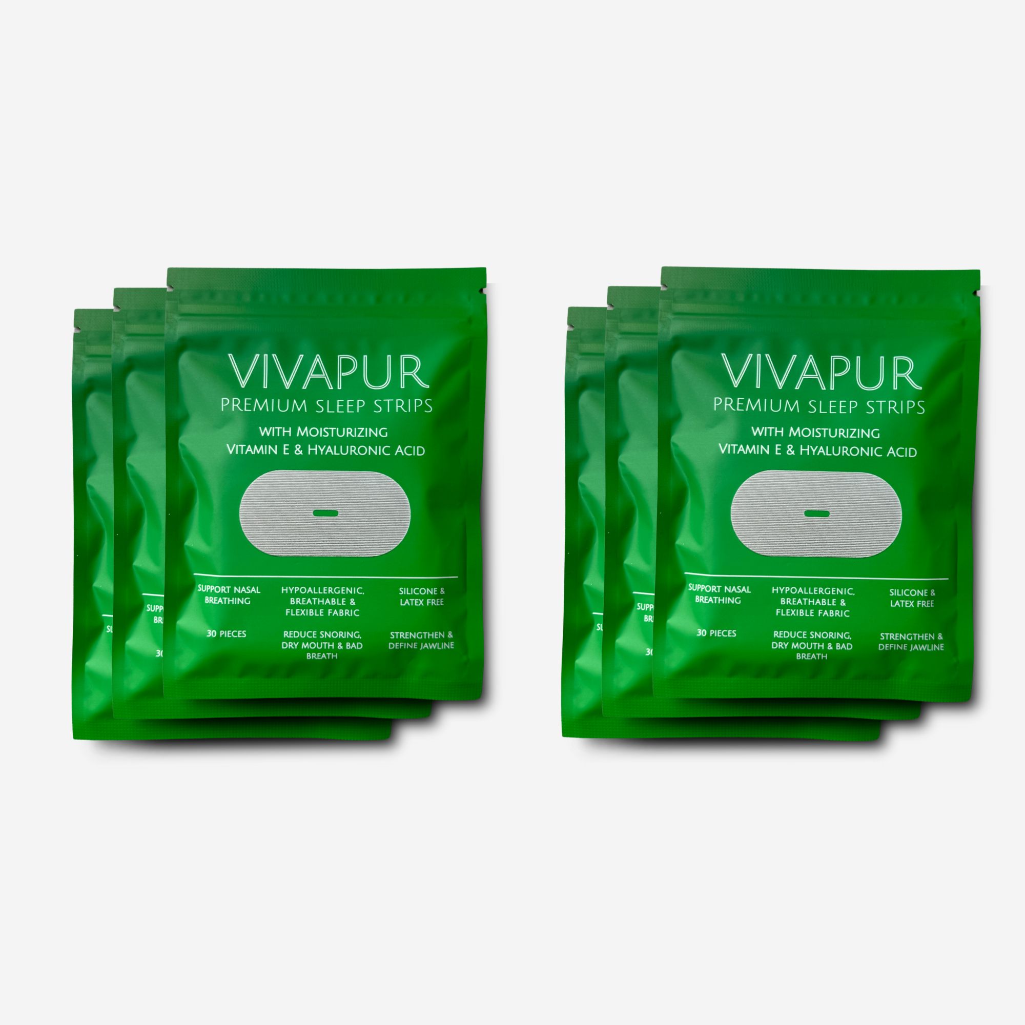 Six green packets of VIVAPUR Premium Sleep Strips, labeled with moisturizing Vitamin E and Hyaluronic Acid. The packaging highlights benefits such as support for nasal breathing, reduced snoring, and jawline definition. Each pack contains 30 hypoallergenic, breathable, and latex-free mouth strips.