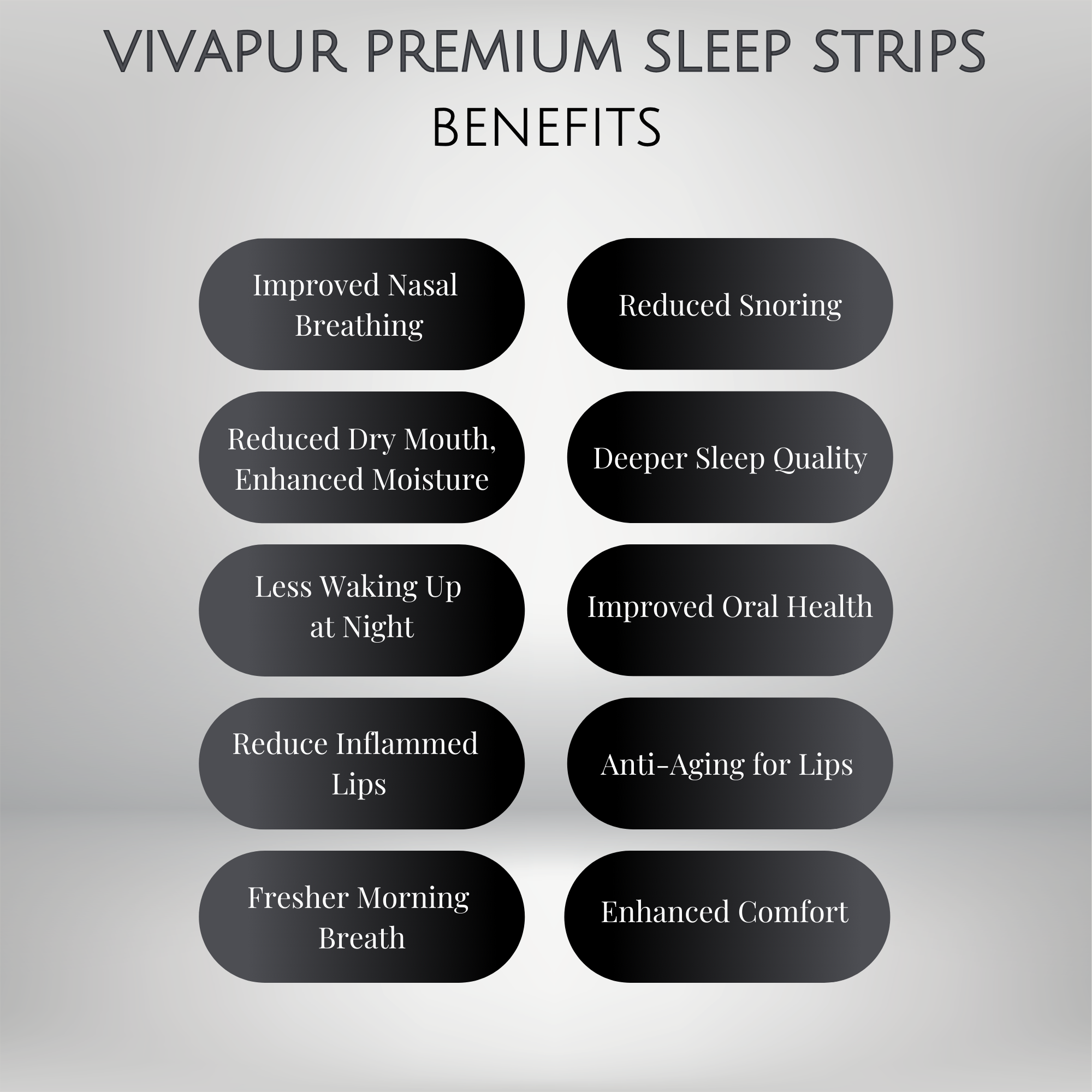 Vivapur Premium Sleep Strips benefits list showcasing improved nasal breathing, reduced snoring, enhanced moisture, deeper sleep, oral health improvement, anti-aging for lips, fresher morning breath, and overall comfort.